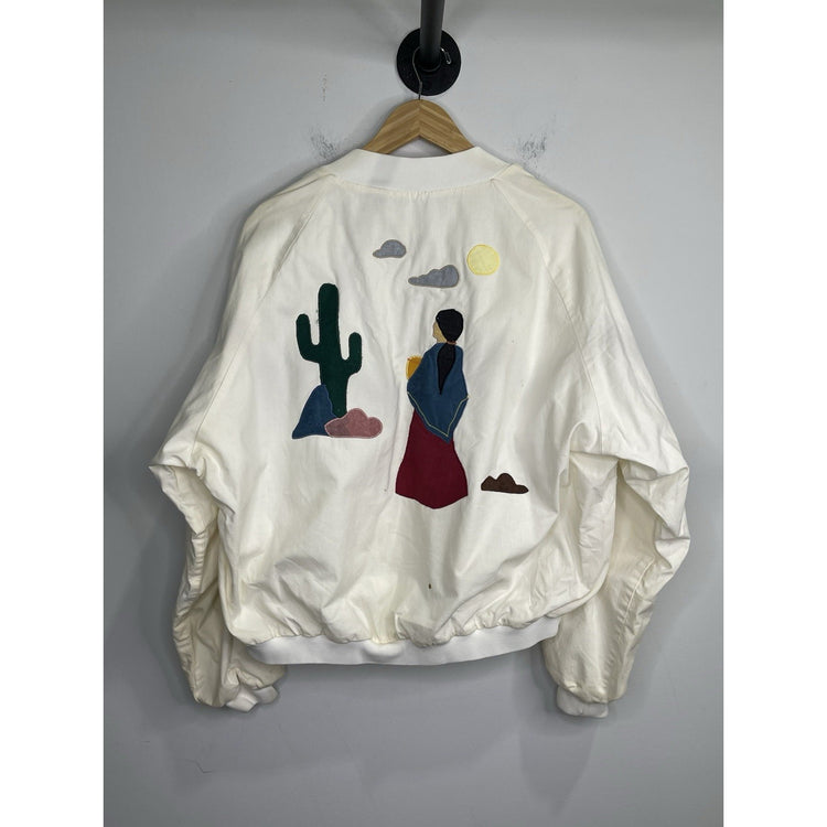 Men’s Vintage DM Apparel White Desert Village Patchwork Bomber Jacket Sz 2XL