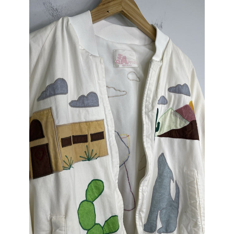 Men’s Vintage DM Apparel White Desert Village Patchwork Bomber Jacket Sz 2XL