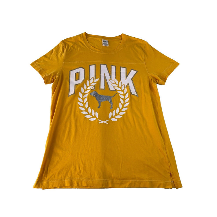 Womens PINK Victoria Secret Yellow Basic T-shirt Big Logo Size M