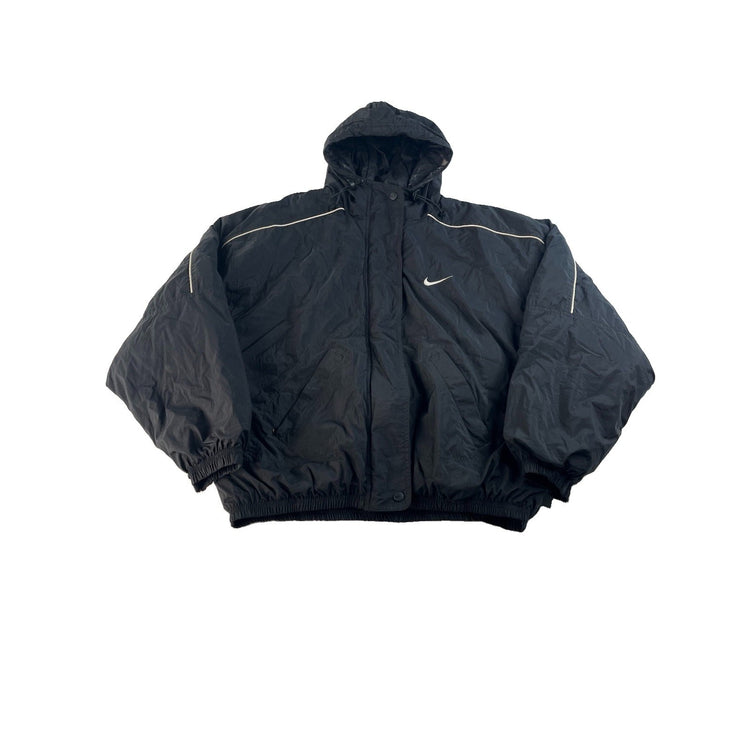 Youth Boys Vintage Nike Puffer Style Hooded Jacket Black Swoosh Logo Size L
