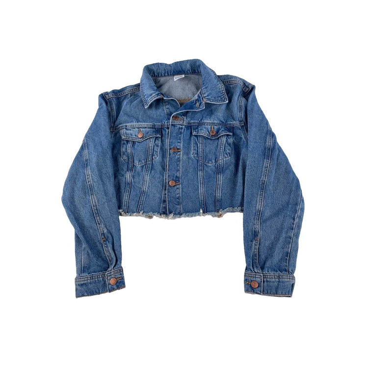Womens PINK Victoria Secret Cropped Medium Wash Raw Hem Denim Jacket Size XS