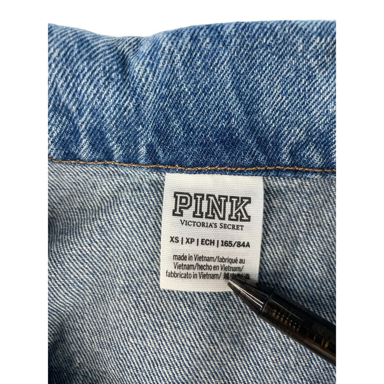 Womens PINK Victoria Secret Cropped Medium Wash Raw Hem Denim Jacket Size XS