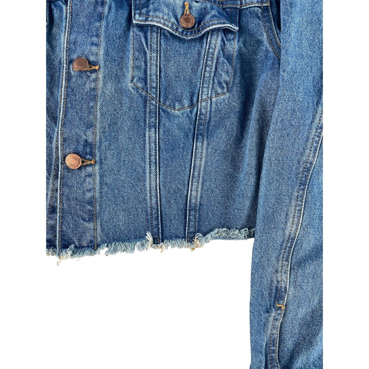 Womens PINK Victoria Secret Cropped Medium Wash Raw Hem Denim Jacket Size XS