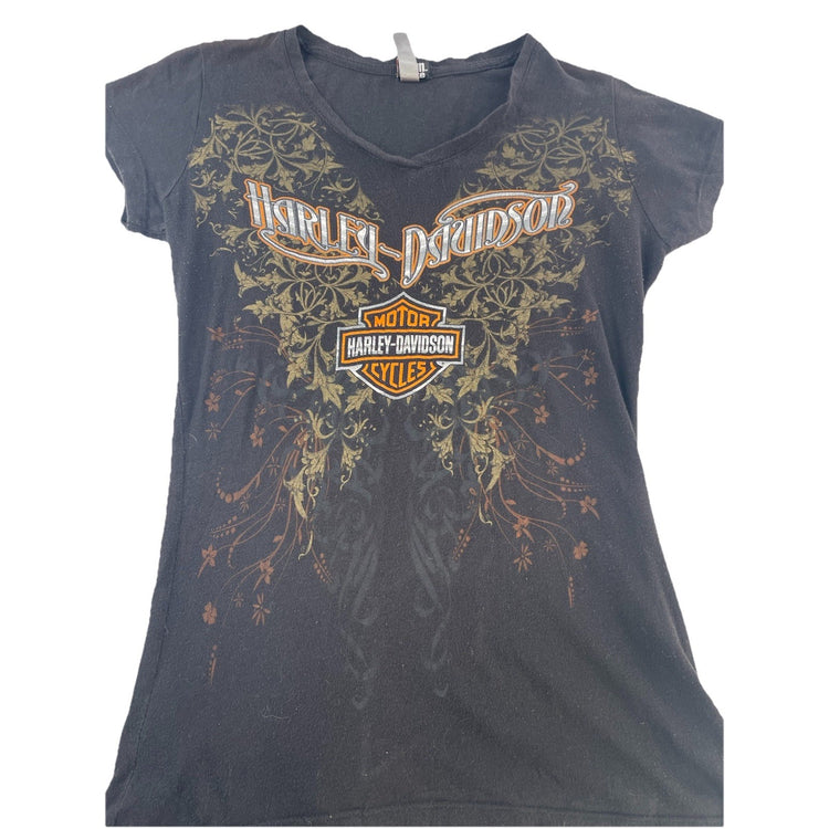 Womens Harley Davidson Motorcycle Slim Fit Black Graphic Tee Size L