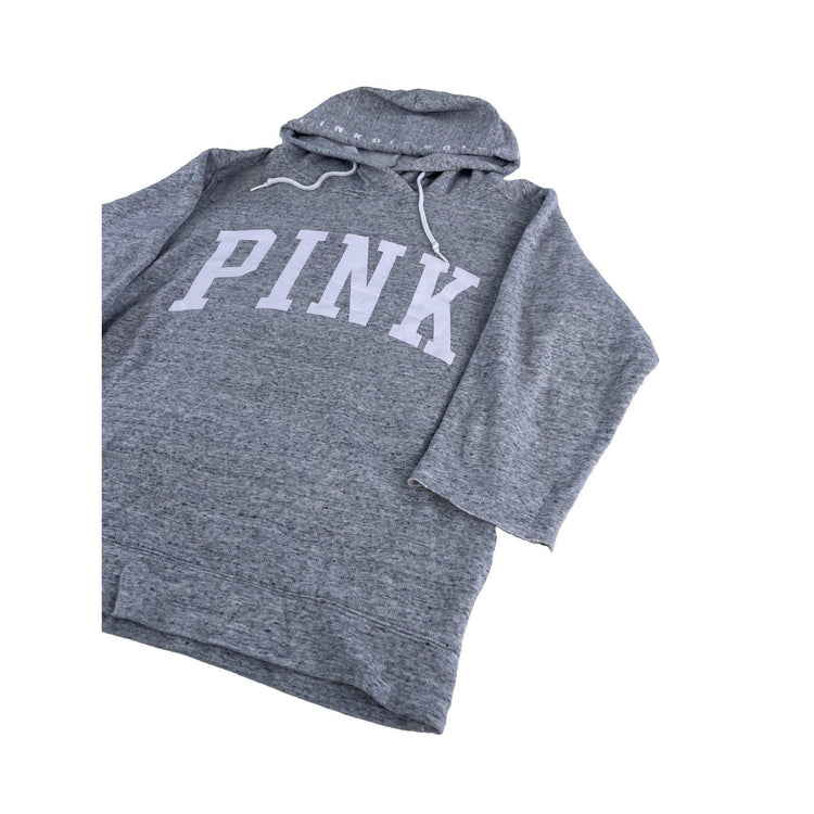 Womens PINK Victoria Secret Heathered Grey Pullover Hoodie 3/4 Sleeves Size M