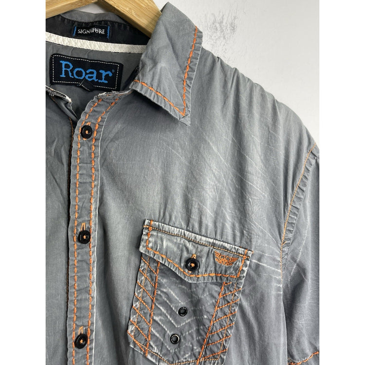 Men’s Roar Button Down Gray Signature Embroidered Distressed Tactfull Shirt Sz M
